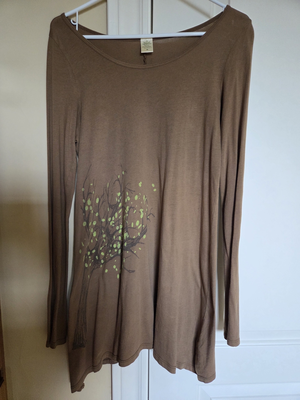 Soul Flower Brown Long Sleeve Tunic with Green Tree Print